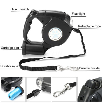 4.5M LED Flashlight Extendable Retractable Pet Dog Leash Lead with Garbage Bag - Onset Gadgets