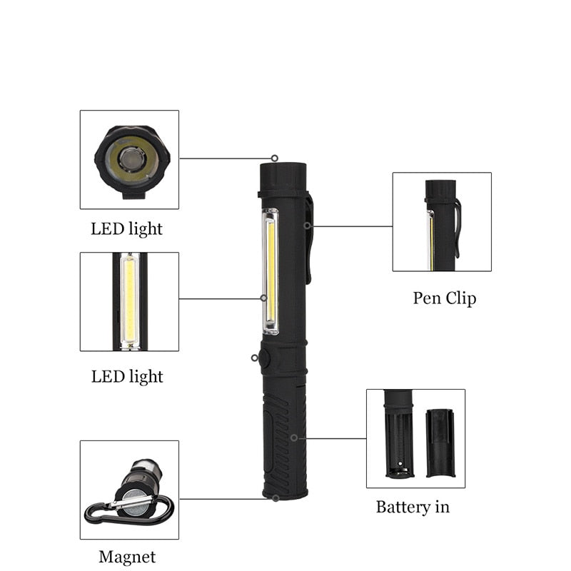 Multifunction COB LED Mini Pen Light Work Inspection LED Flashlight Torch Lamp With the Bottom Magnet and Clip Black/Red/Blue - Onset Gadgets