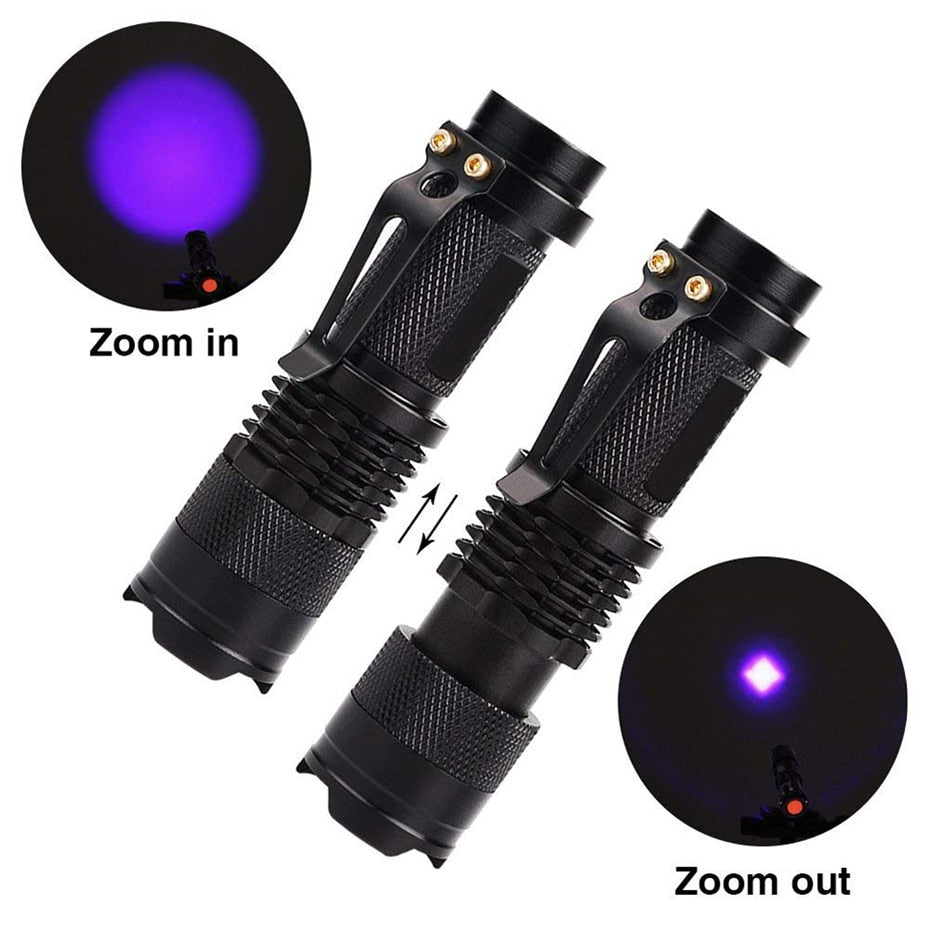 LED UV Flashlight Ultraviolet Torch With Zoom Function Mini UV Black Light Pet Urine Stains Detector Scorpion Hunting - Onset Gadgets