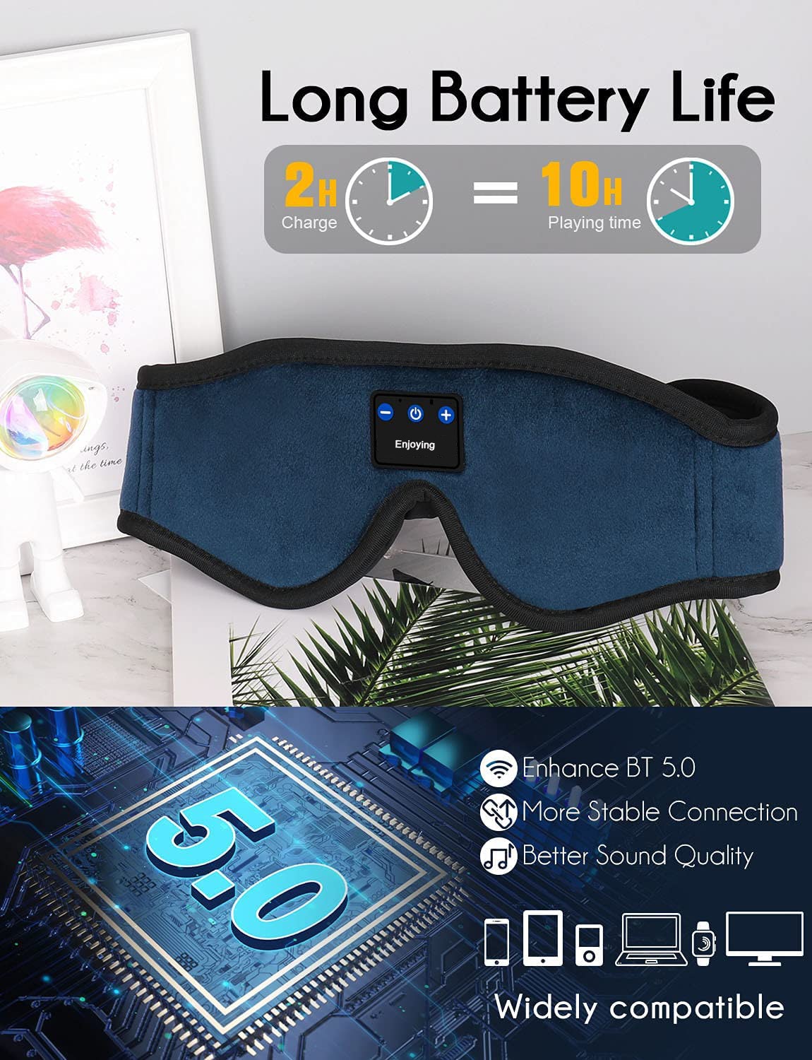 Sleep Headphones Breathable Bluetooth 5.0 Headband Sleeping  Headphones,Bluetooth 5.0 Wireless Music Eye Mask,for Side Sleepers Women  Men Office Gadgets Unique Gifts,with Adjustable Strap/Blue 