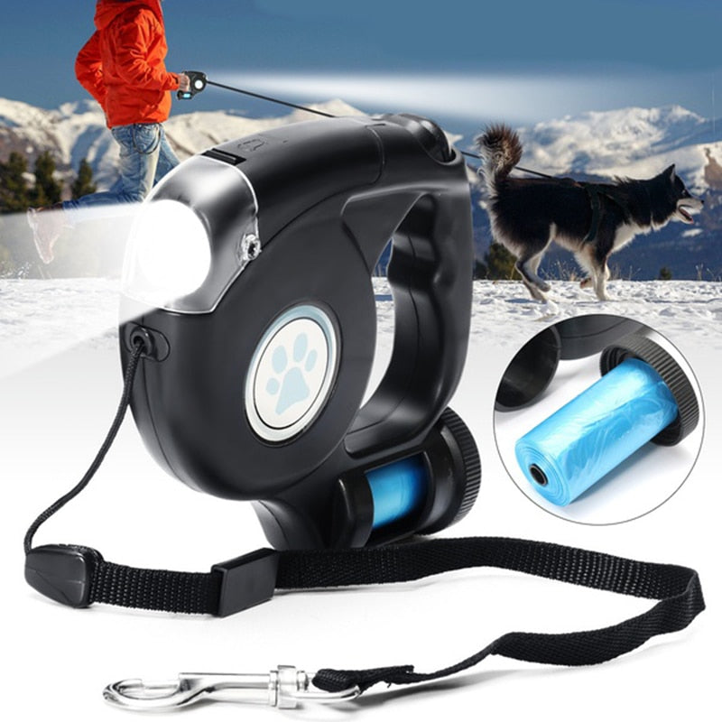 4.5M LED Flashlight Extendable Retractable Pet Dog Leash Lead with Garbage Bag - Onset Gadgets